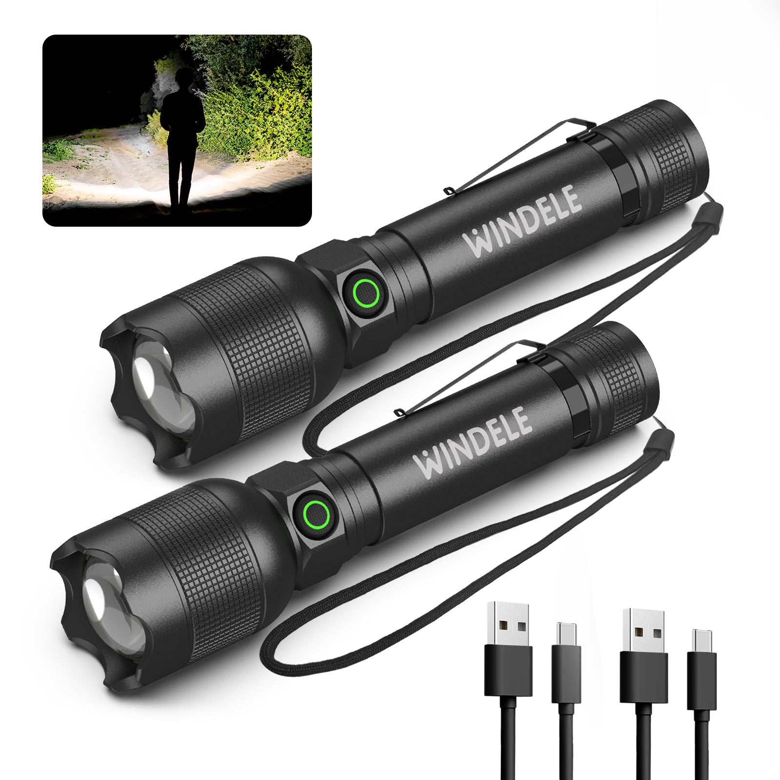 WINDELE Rechargeable LED Flashlights High Lumens, Metal Flashlights for Outdoor (2 Pack)