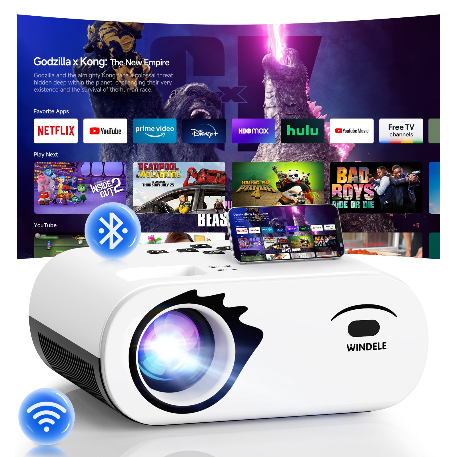 WINDELE 5G WIFI Bluetooth Projector with Screen,USB-C Power Bank Powered Projector for Outdoor,16oz