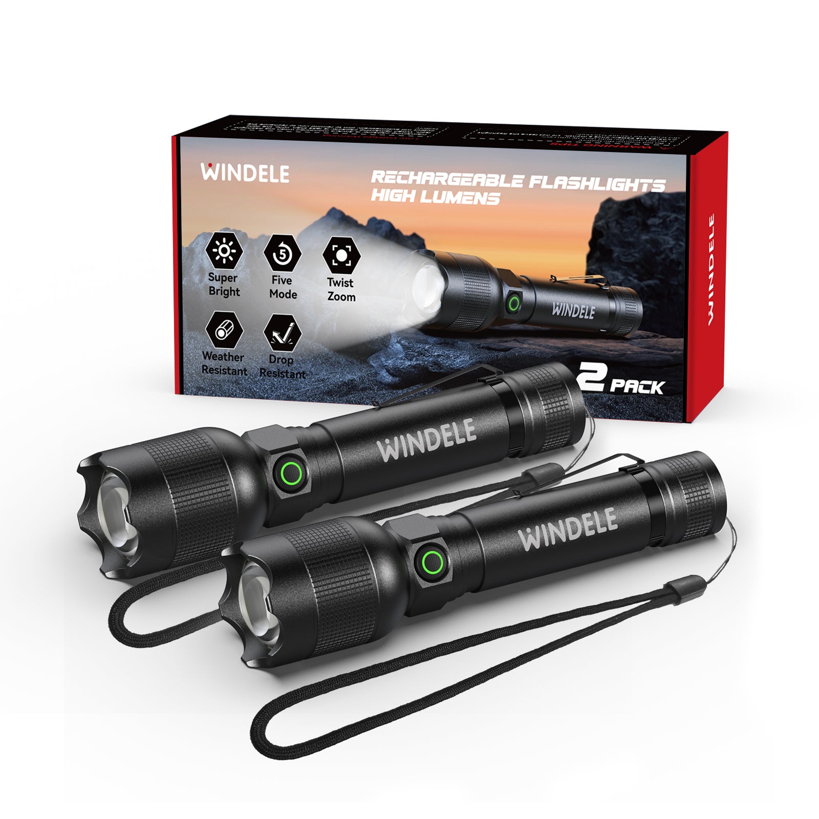 WINDELE Rechargeable LED Flashlights High Lumens, Metal Flashlights for Outdoor (2 Pack)