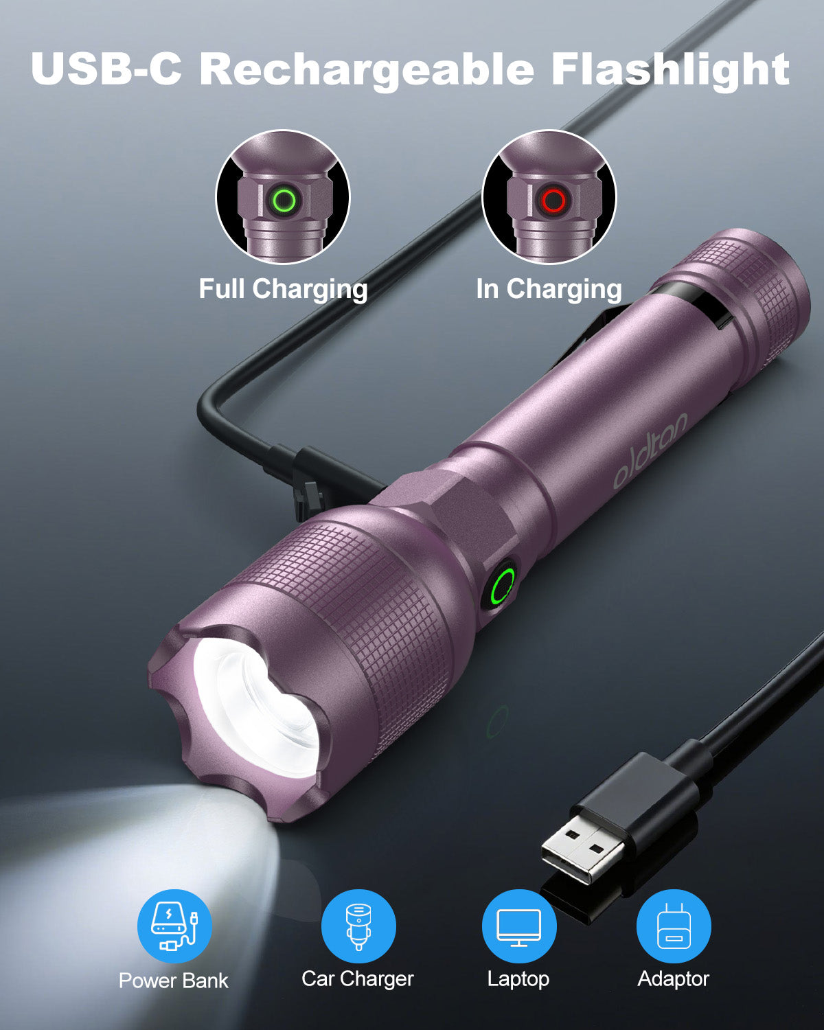 Oldtan Rechargeable Flashlights with High Lumens, Mini Metal Flashlights for Outdoor,2 Pack (Purple)