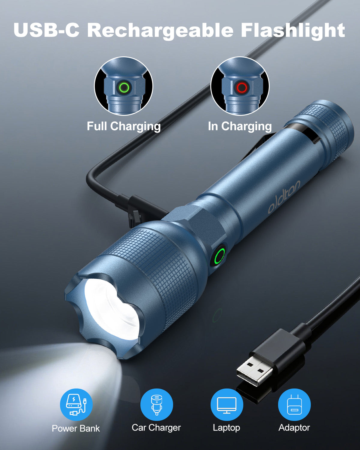 Oldtan Rechargeable Flashlights with High Lumens, Mini Metal Flashlights for Outdoor,2 Pack (Blue)