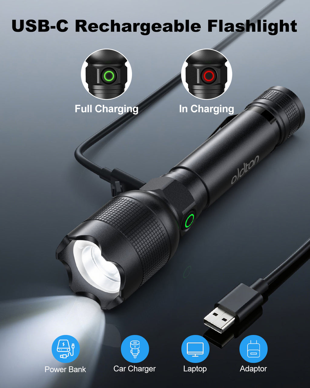 Oldtan Flash Lights, Rechargeable 7 Modes with 990,000 Lumens, Metal flashlight for Outdoor(2 Pack)