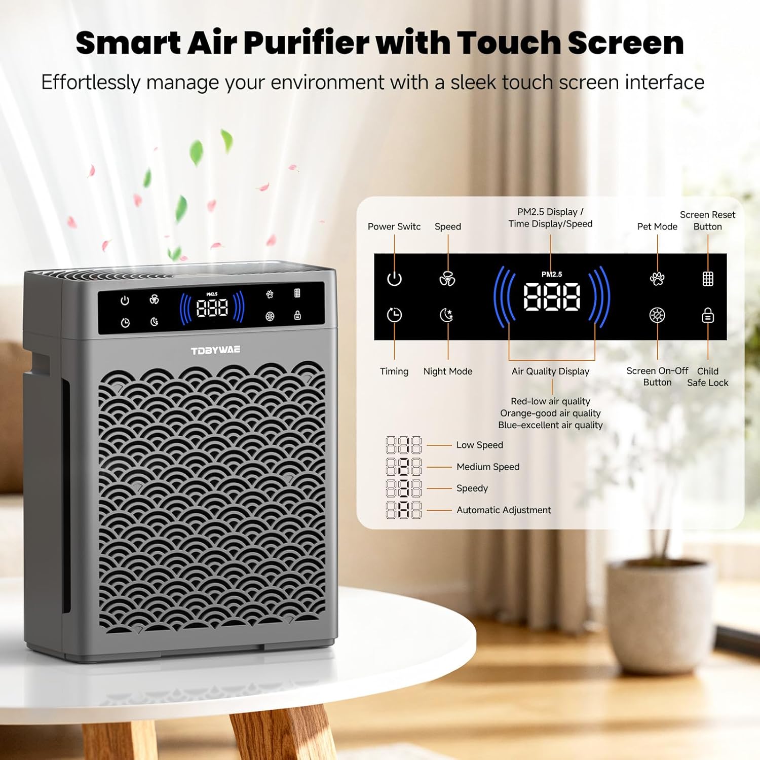 Air Purifiers for Home Large Room, Cover Up to 3000 Ft² with Air Quality Monitor and Timer, HEPA Filter Air Purifier for Bedroom with Fragrance, Air Cleaner for Dorm Room, Office - Grey