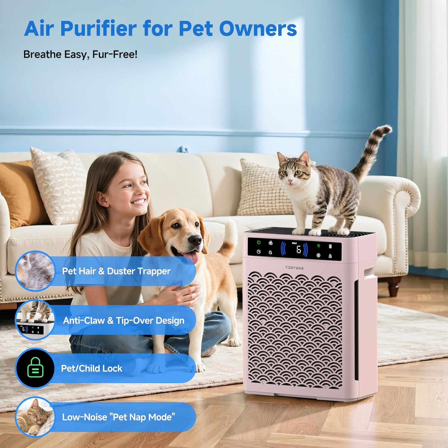 Air Purifiers for Home, Large Room up to 3000 Ft², HEPA Air Purifier for Home Pets with Filter, Air Quality Sensor, Timer, Air Cleaner for Bedroom, Dorm Room, Pet Hair, Office - Pink