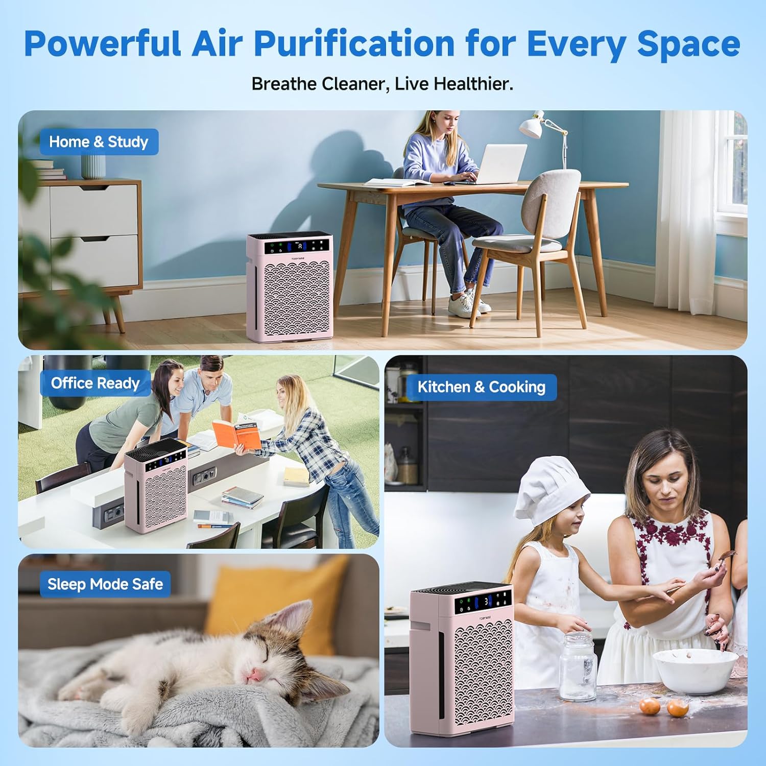 Air Purifiers for Home, Large Room up to 3000 Ft², HEPA Air Purifier for Home Pets with Filter, Air Quality Sensor, Timer, Air Cleaner for Bedroom, Dorm Room, Pet Hair, Office - Pink